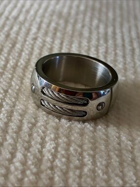 Unisex Stainless Steel Cable Accent Ring - Silver
